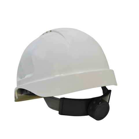 White adjustable hard hat safety helmet with black ratchet strap for construction