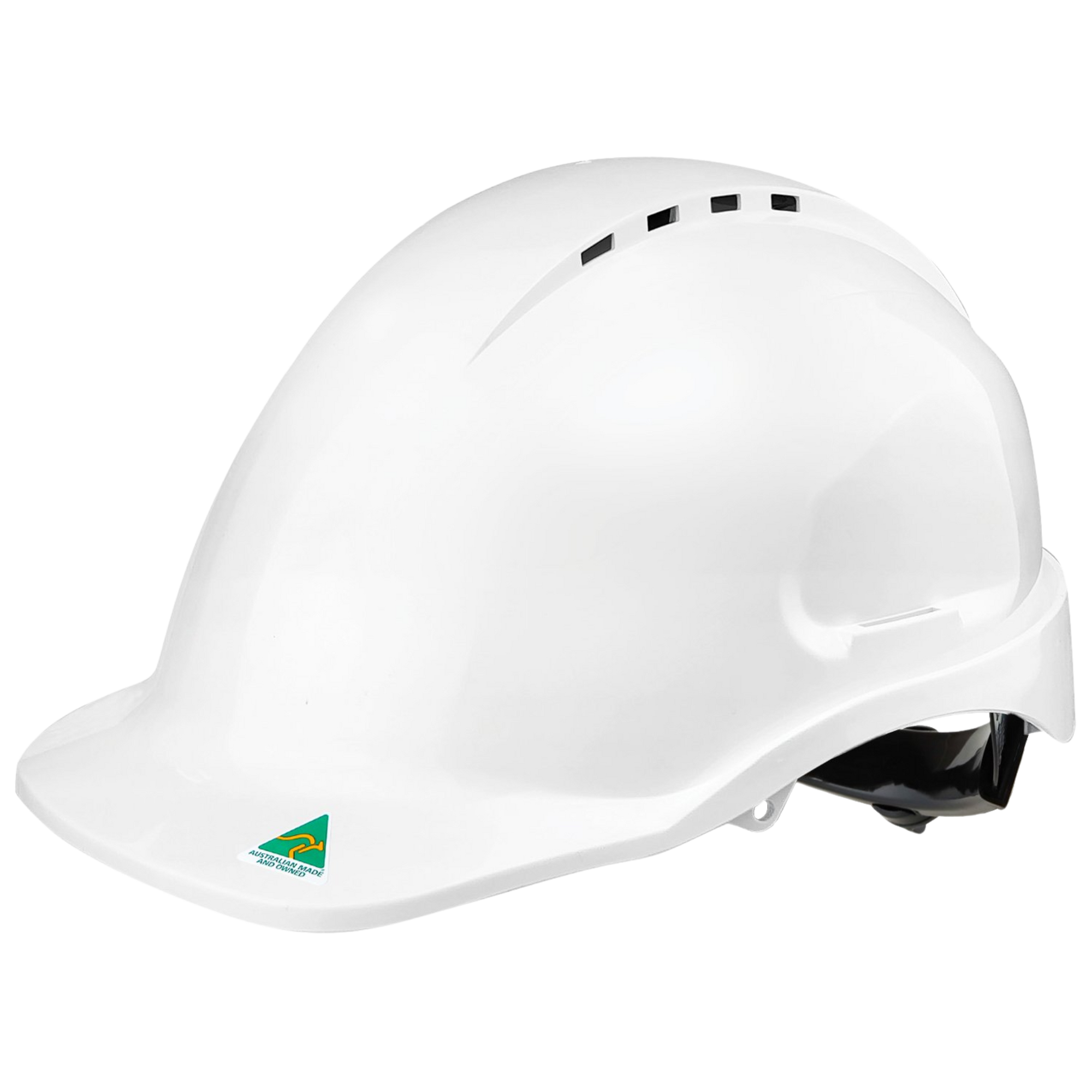 White Maxisafe vented hardhat with ratchet harness, 10 vents for airflow, AS/NZS 1801 certified head protection for trades.