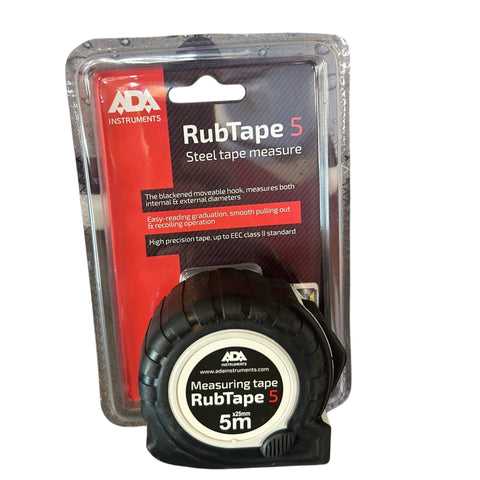 ADA RubTape 5m steel measuring tape in ribbed shockproof rubber casing for precise, secure trade measurements.