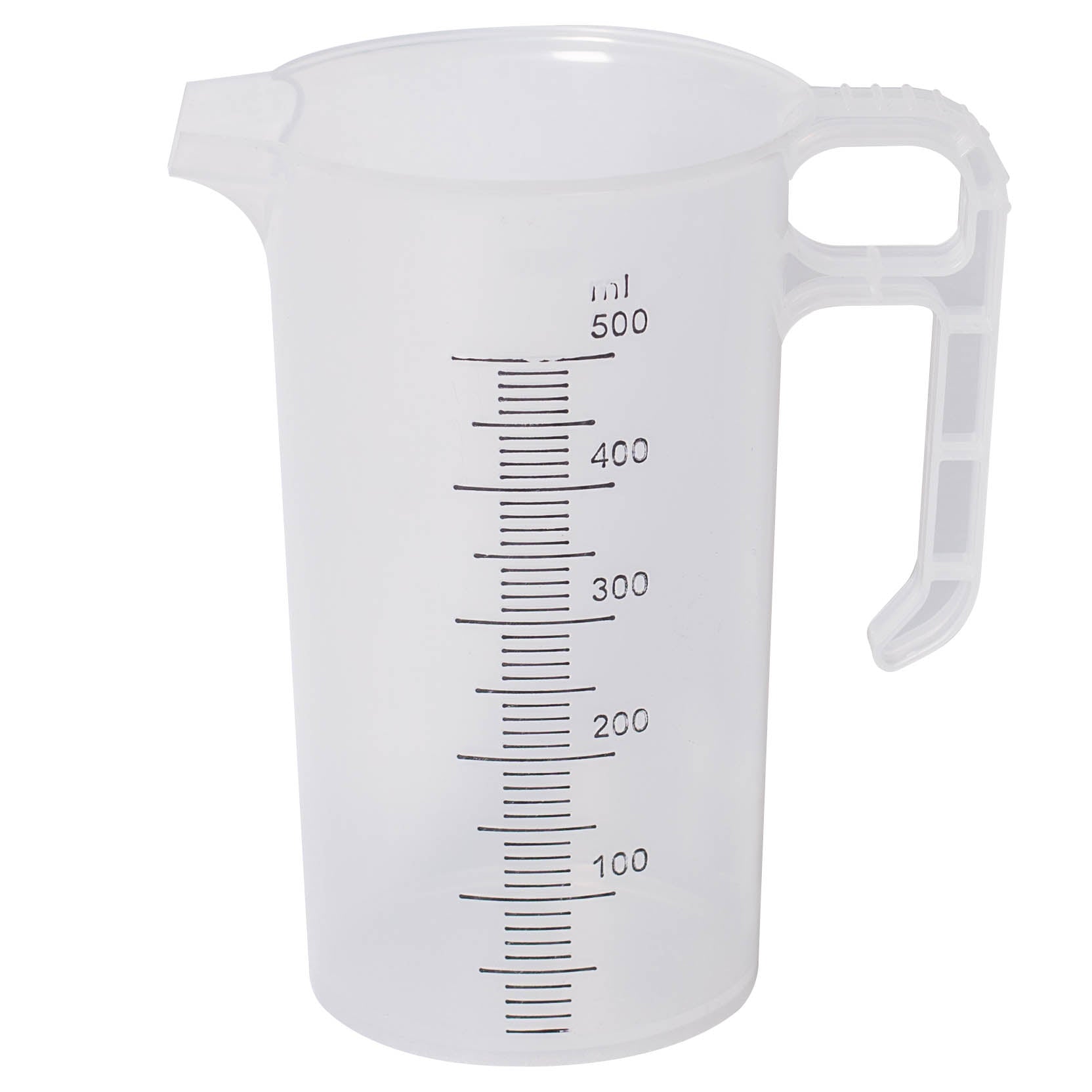 Sturdy transparent 500ml measuring jug with clear ml markings for precise prep of sealants, additives on site.