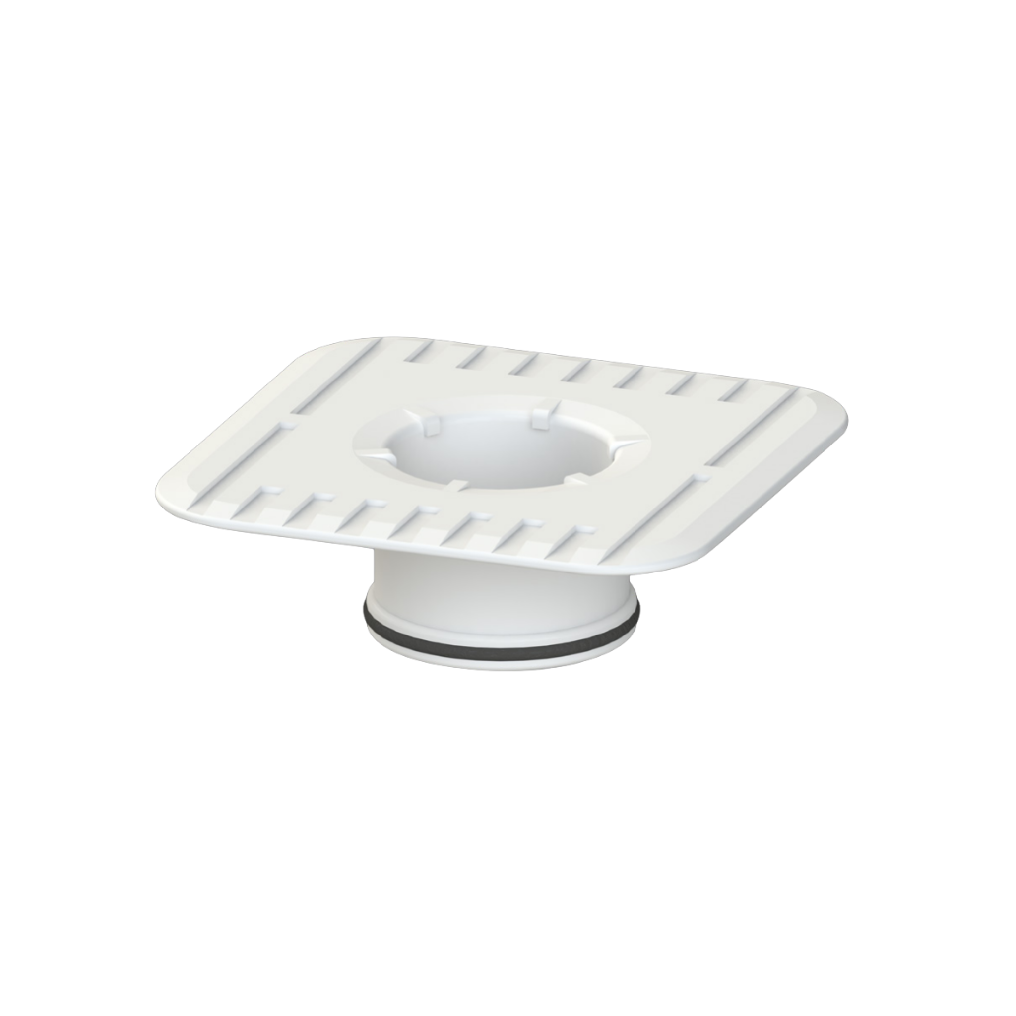 White Megaflex™ Puddle Flange: PVC square with ribbed base, central outlet for watertight seals in waterproofing membranes...