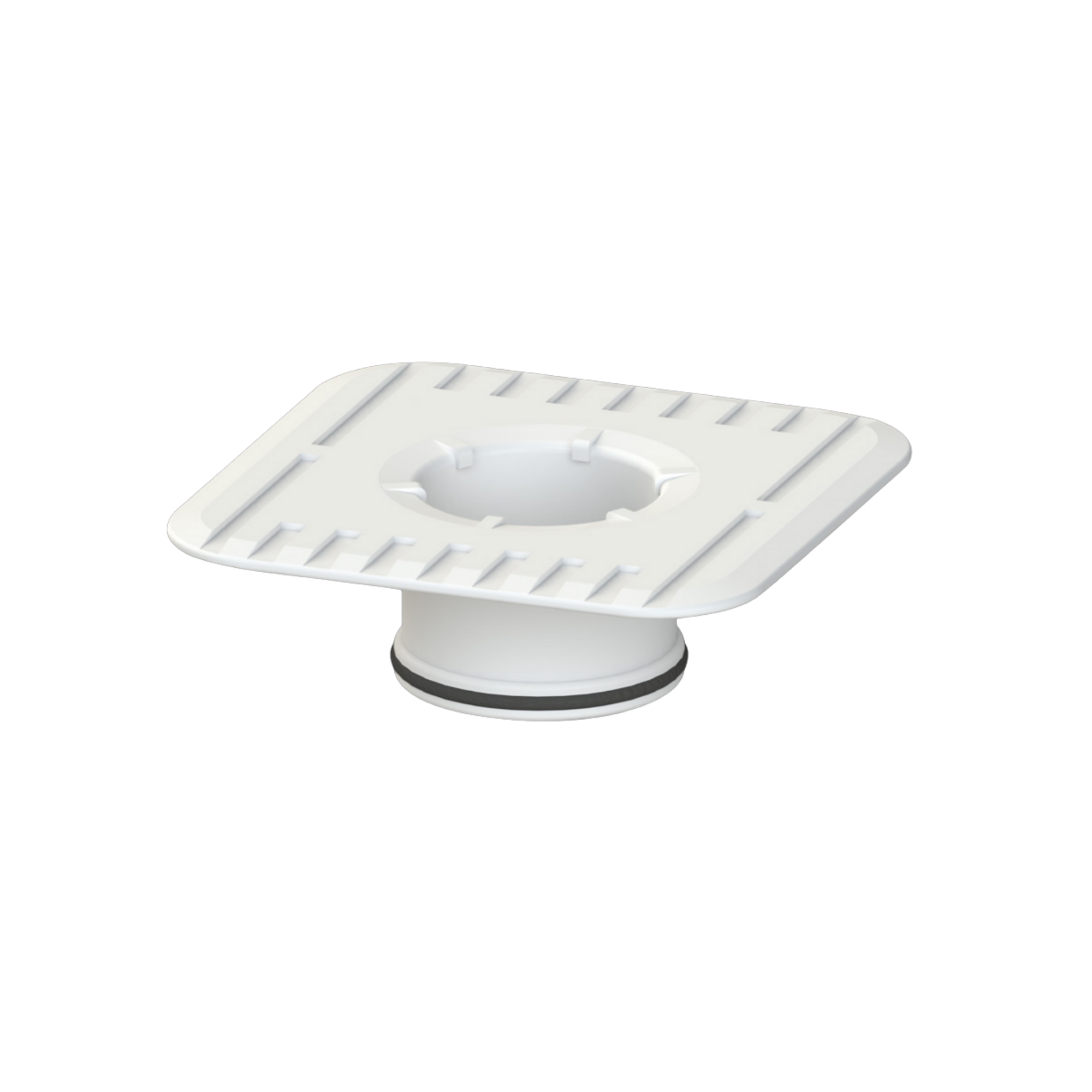 White Megaflex™ Puddle Flange: PVC square with ribbed base, central outlet for watertight seals in waterproofing membranes...
