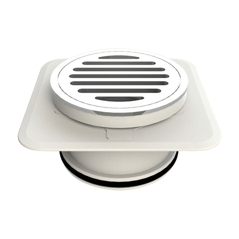 100mm raised chrome square floor waste with Megaflex™ flange for watertight seal to waterproofing membrane in showers