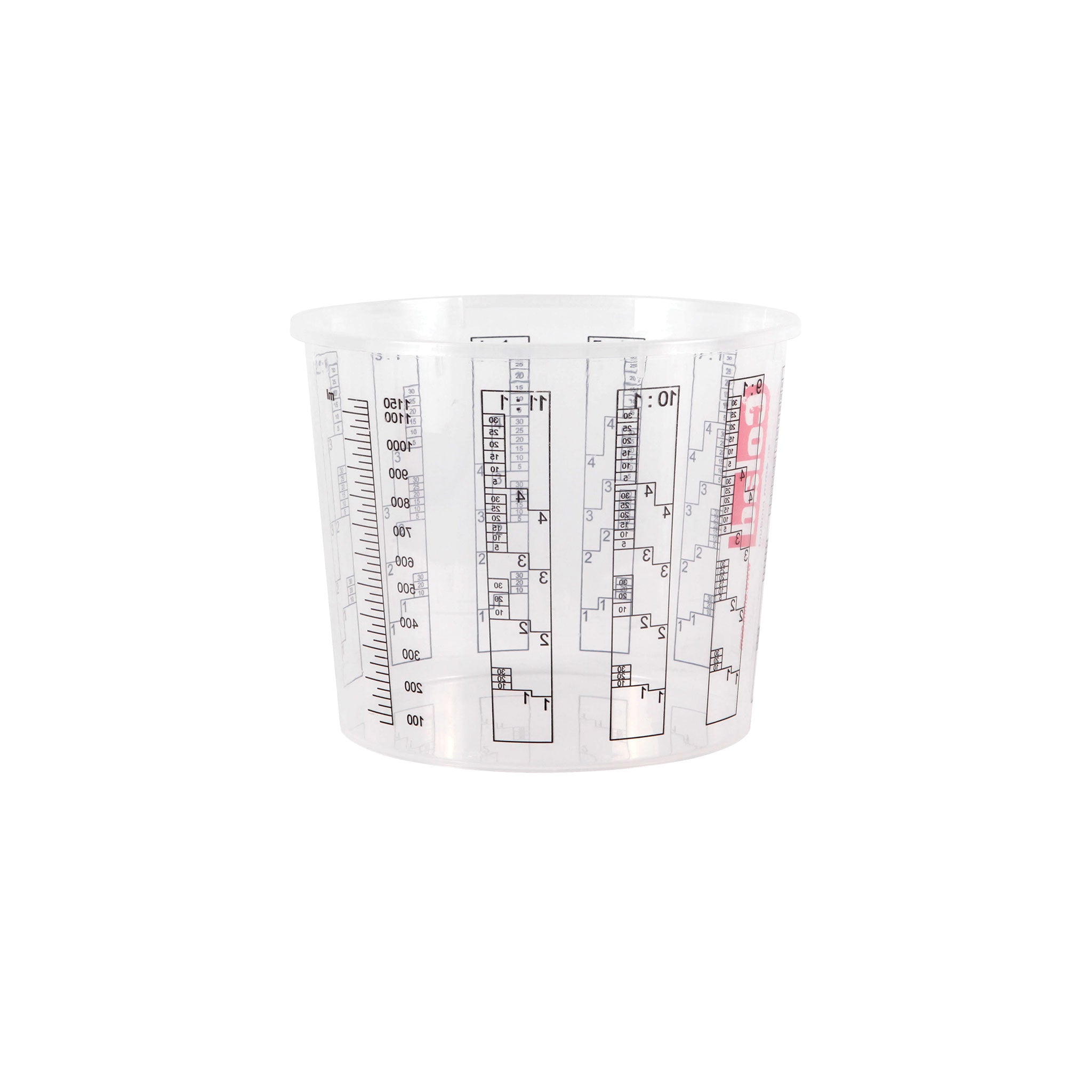 Clear 1.3L disposable measuring tub with ml/litre scales & ratio grids for precise epoxy, sealant mixing & pouring