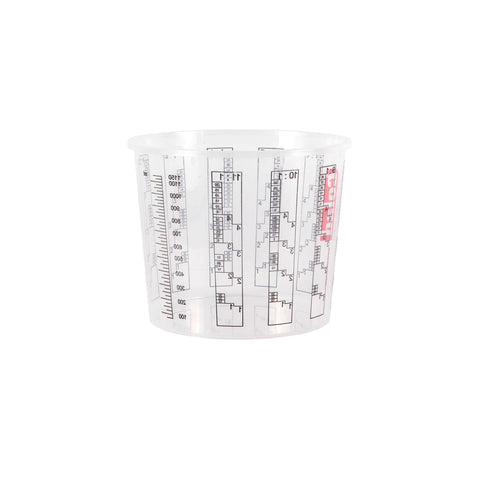 Clear 1.3L disposable measuring tub with ml/litre scales & ratio grids for precise epoxy, sealant mixing & pouring