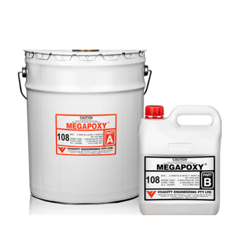 Megapoxy 108 two-part epoxy kit: Part A pail, Part B bottle for rapid pile splicing and concrete repairs.