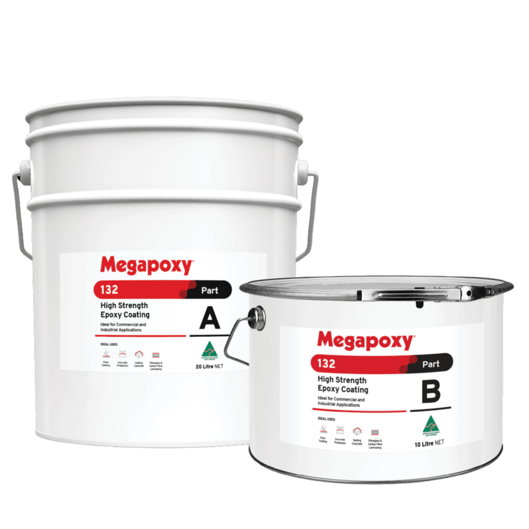 Megapoxy 132 high-strength epoxy coating kit (Part A 20L, Part B 15L) for trafficable, AS 4020 potable water safe floors.