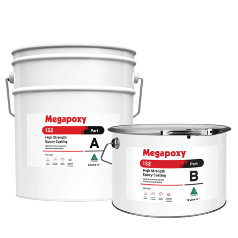 Megapoxy 132 high-strength epoxy coating kit (Part A 20L, Part B 15L) for trafficable, AS 4020 potable water safe floors.