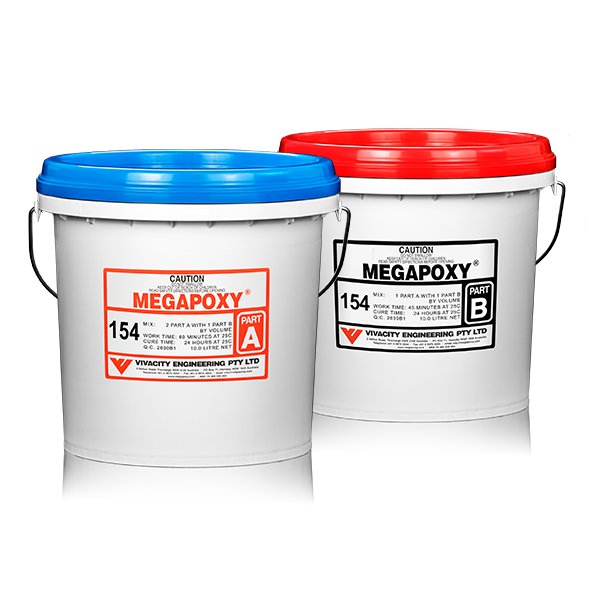 Megapoxy 154 two-part water-based epoxy in blue Part A & red Part B pails: primes damp concrete, moisture barrier for memb...