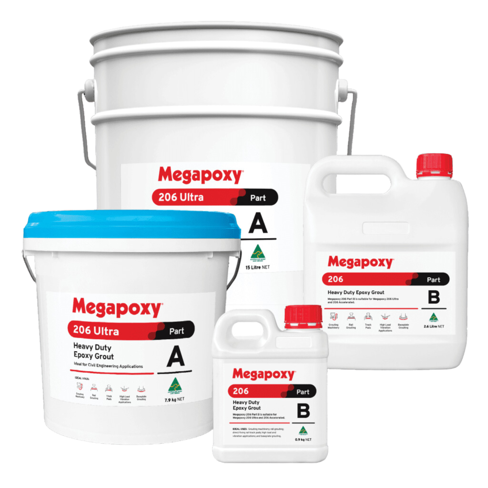 Megapoxy 206 Ultra two-part heavy duty epoxy grout kit: Part A & B pails for machinery bases, rail grouting, 120 MPa stren...