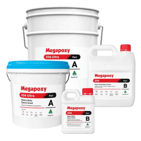 Megapoxy 206 Ultra two-part heavy duty epoxy grout kit: Part A & B pails for machinery bases, rail grouting, 120 MPa stren...