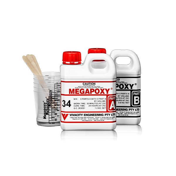 Megapoxy 34 two-part epoxy resin kit: Part A & B bottles, mixing cup, stirrer for void-free electrical potting & cable joi...