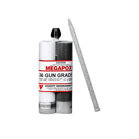 Megapoxy 36 DuoMix twin cartridge rapid-set epoxy adhesive with static mixer for secure road marker and sensor bonding.