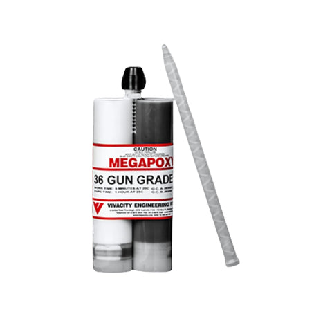 Megapoxy 36 DuoMix twin cartridge rapid-set epoxy adhesive with static mixer for secure road marker and sensor bonding.