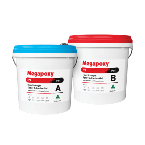 Megapoxy 69 two-part non-sag epoxy adhesive gel: blue Part A & red Part B 1kg pails for structural timber, metal & concret...