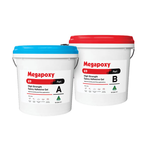 Megapoxy 69 two-part non-sag epoxy adhesive gel: blue Part A & red Part B 1kg pails for structural timber, metal & concret...