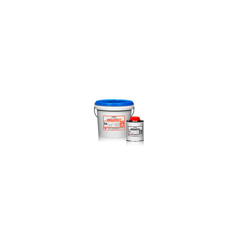 Megapoxy 84 two-part epoxy adhesive kit: white pail (Part A), red-capped tin (Part B) for 120°C ceramic tile bonds to stee...