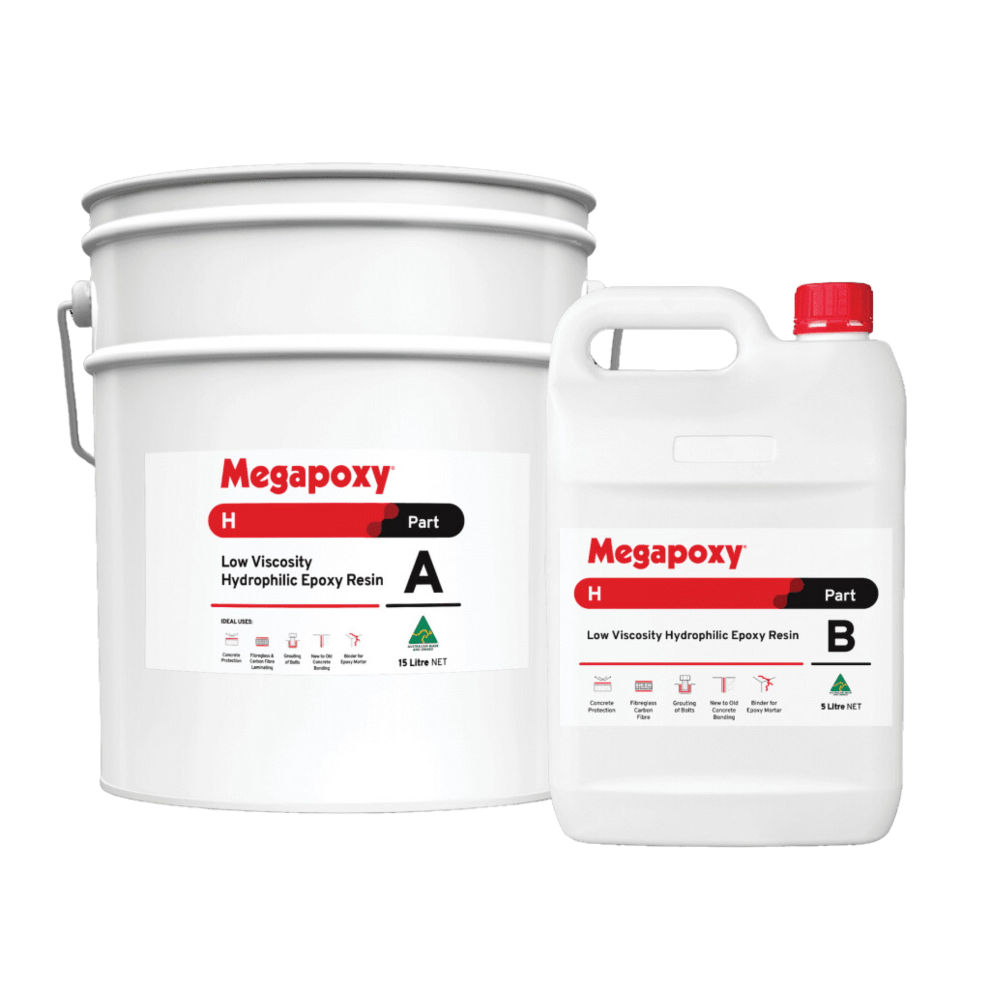 Megapoxy H low-viscosity hydrophilic epoxy resin kit: Part A pail, Part B bottle for crack injection, concrete bonding, po...