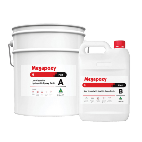 Megapoxy H low-viscosity hydrophilic epoxy resin kit: Part A pail, Part B bottle for crack injection, concrete bonding, po...