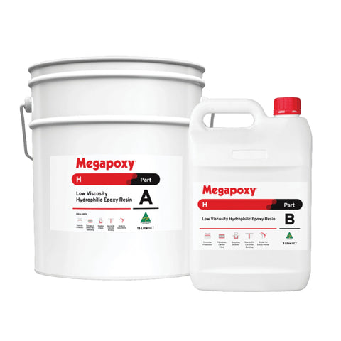 Megapoxy H low-viscosity hydrophilic epoxy resin kit: Part A pail, Part B bottle for crack injection, concrete bonding, po...