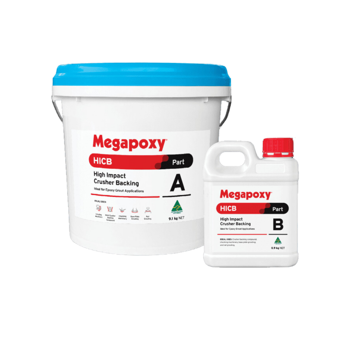 Megapoxy HICB epoxy grout kit: 8kg Part A pail, 2kg Part B bottle for high-impact crusher liner backing, 115MPa strength.