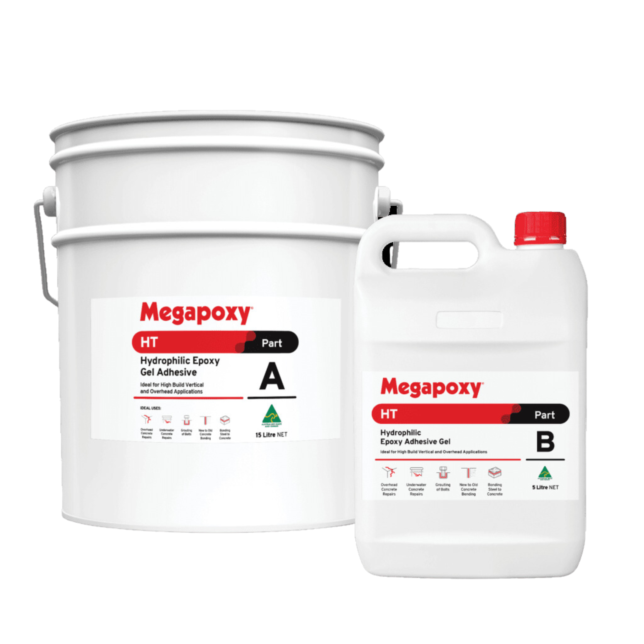 Megapoxy HT two-part hydrophilic epoxy gel adhesive kit: Part A bucket, Part B can for wet concrete structural bonding.