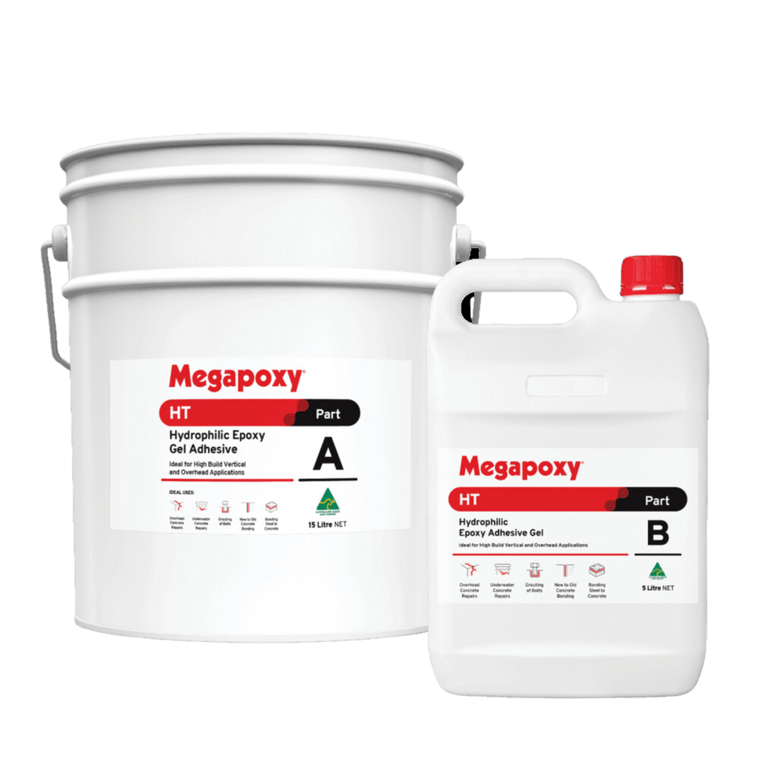 Megapoxy HT two-part hydrophilic epoxy gel adhesive kit: Part A bucket, Part B can for wet concrete structural bonding.