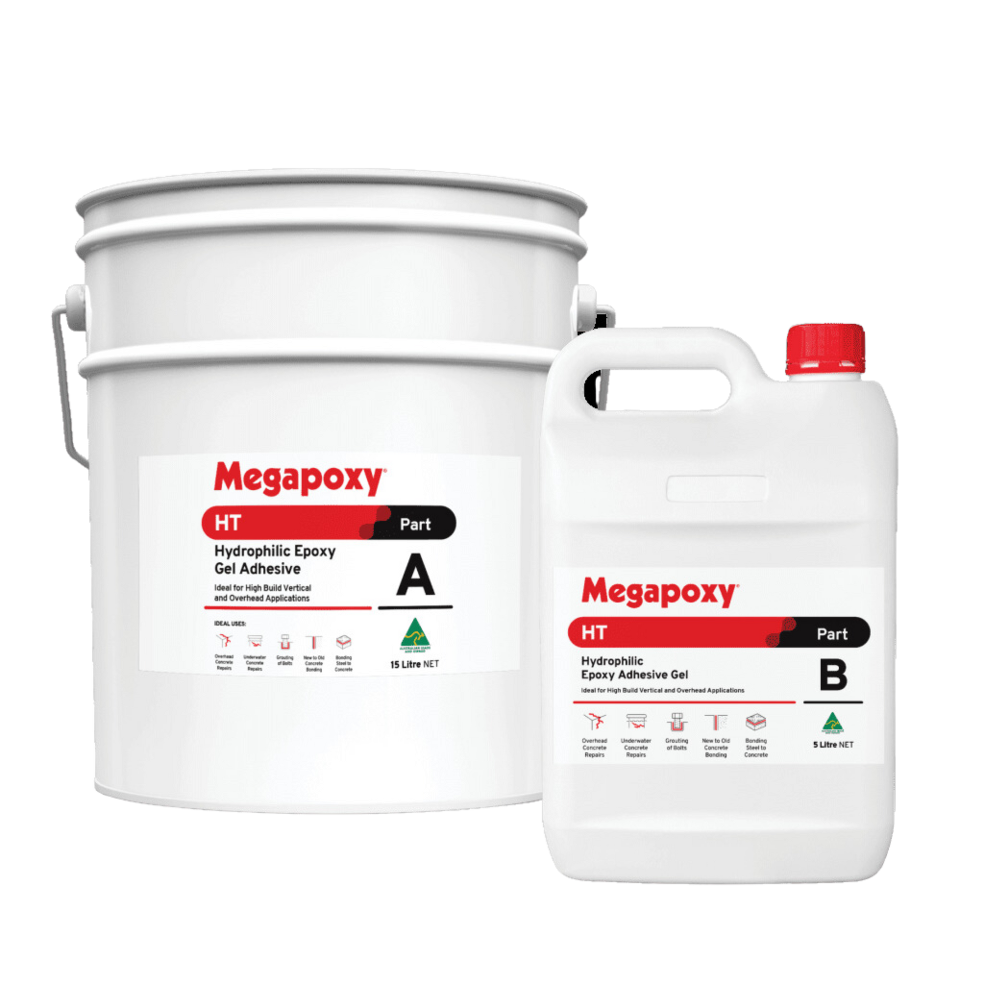 Megapoxy HT two-part hydrophilic epoxy gel adhesive kit: Part A bucket, Part B can for wet concrete structural bonding.
