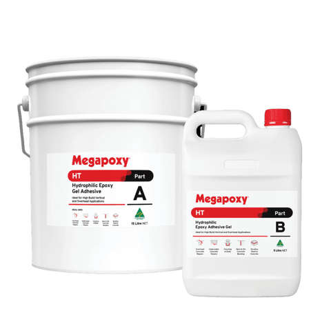 Megapoxy HT two-part hydrophilic epoxy gel adhesive kit: Part A bucket, Part B can for wet concrete structural bonding.
