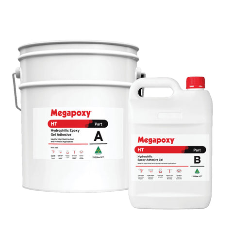 Megapoxy HT two-part hydrophilic epoxy gel adhesive kit: Part A bucket, Part B can for wet concrete structural bonding.