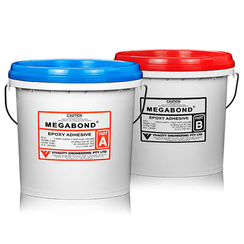 Megapoxy Megabond 1:1 epoxy adhesive kit: blue Part A pail, red Part B pail for structural stone, tile, concrete bonding.