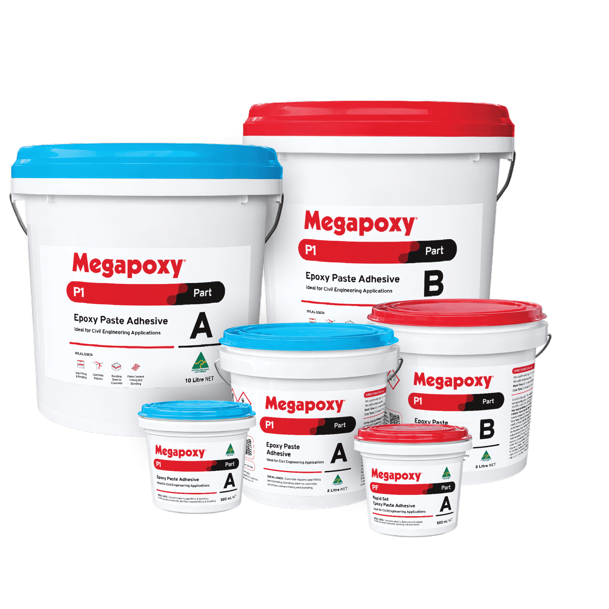 Megapoxy P1 two-part epoxy paste adhesive pails (blue Part A, red Part B) for 80MPa concrete repair, structural bonding.