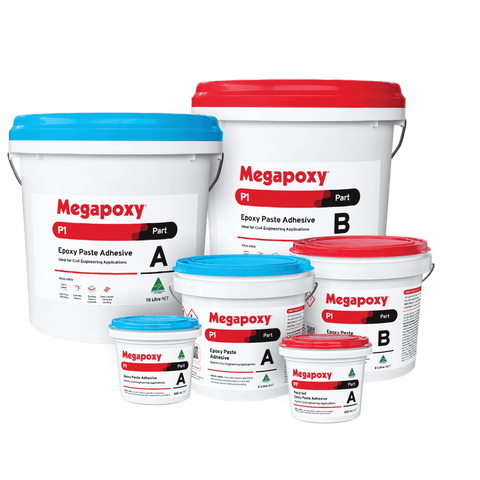 Megapoxy P1 two-part epoxy paste adhesive pails (blue Part A, red Part B) for 80MPa concrete repair, structural bonding.