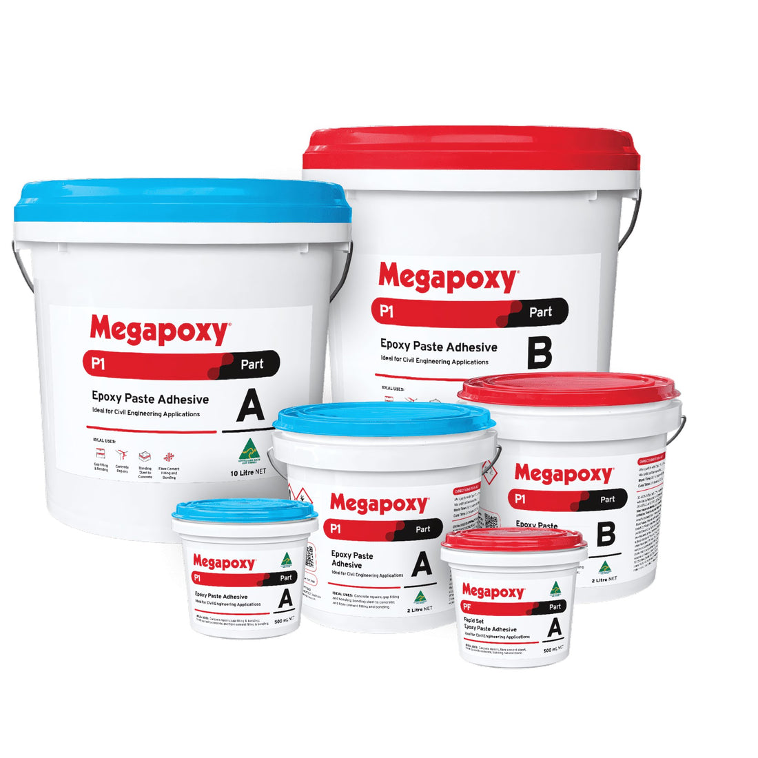 Megapoxy P1 two-part epoxy paste adhesive pails (blue Part A, red Part B) for 80MPa concrete repair, structural bonding.