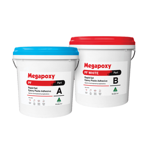 Megapoxy PF White 2-part non-sag epoxy paste adhesive kit: blue Part A & white Part B buckets for non-staining stone bondi...