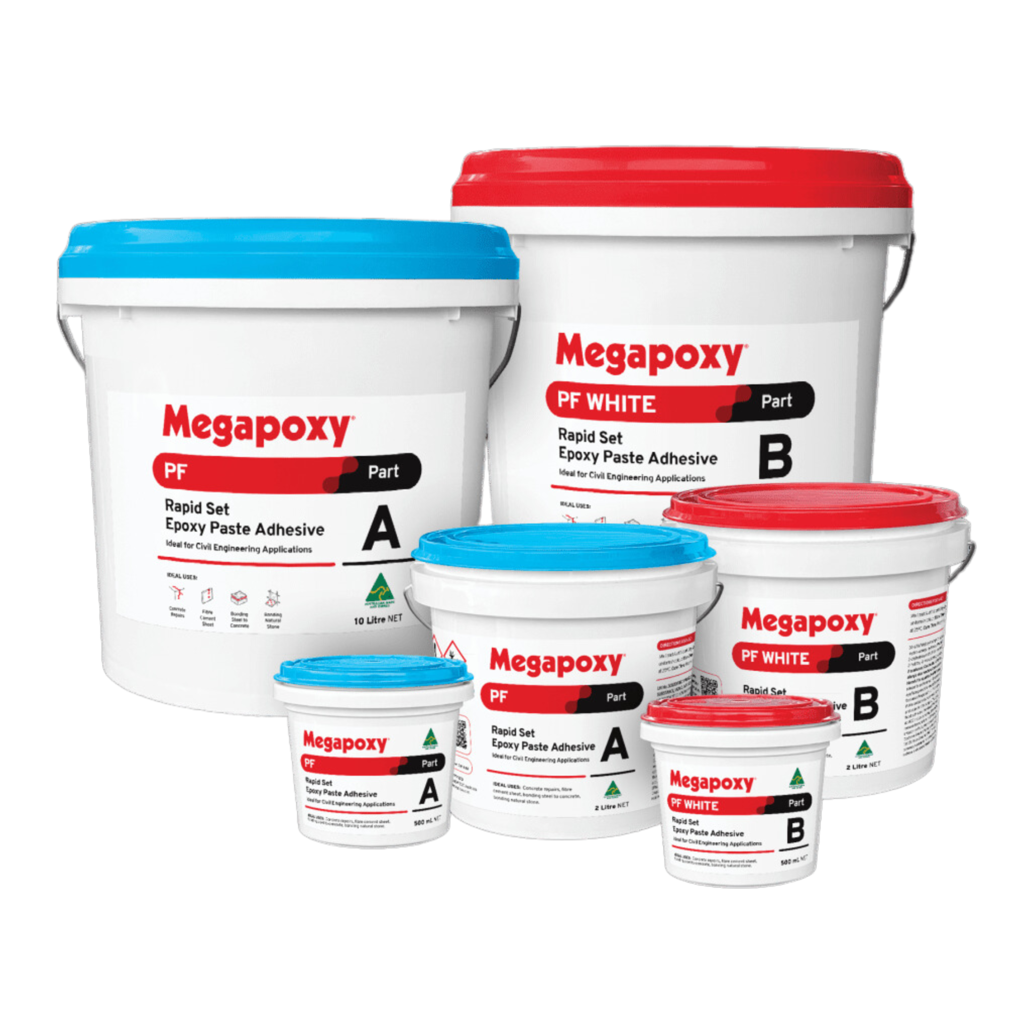 Megapoxy PF White rapid set epoxy paste adhesive kits (Parts A&B) for non-staining stone bonding & overhead concrete repair.