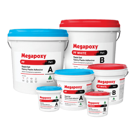 Megapoxy PF White rapid set epoxy paste adhesive kits (Parts A&B) for non-staining stone bonding & overhead concrete repair.