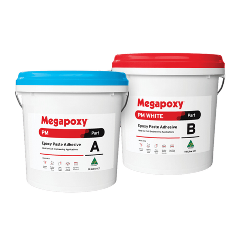 Megapoxy PM epoxy paste adhesive 10L kits (Part A blue, PM White Part B): non-staining marble bonding, overhead concrete r...