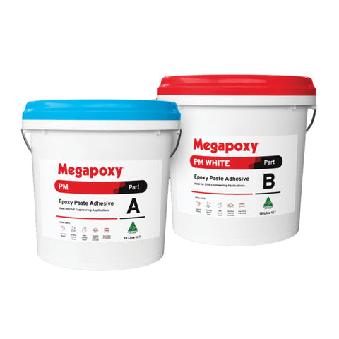 Megapoxy PM epoxy paste adhesive 10L kits (Part A blue, PM White Part B): non-staining marble bonding, overhead concrete r...