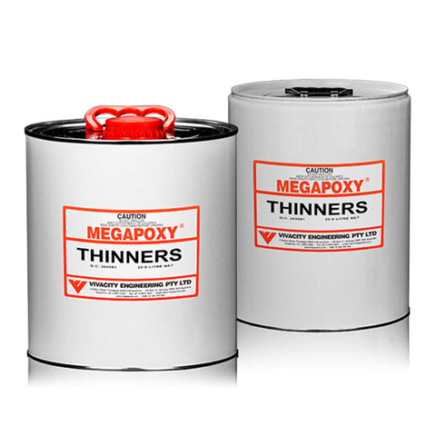 Twin 20L Megapoxy Thinners drums: solvent thins epoxy for optimal viscosity in tiling, flooring, waterproofing.
