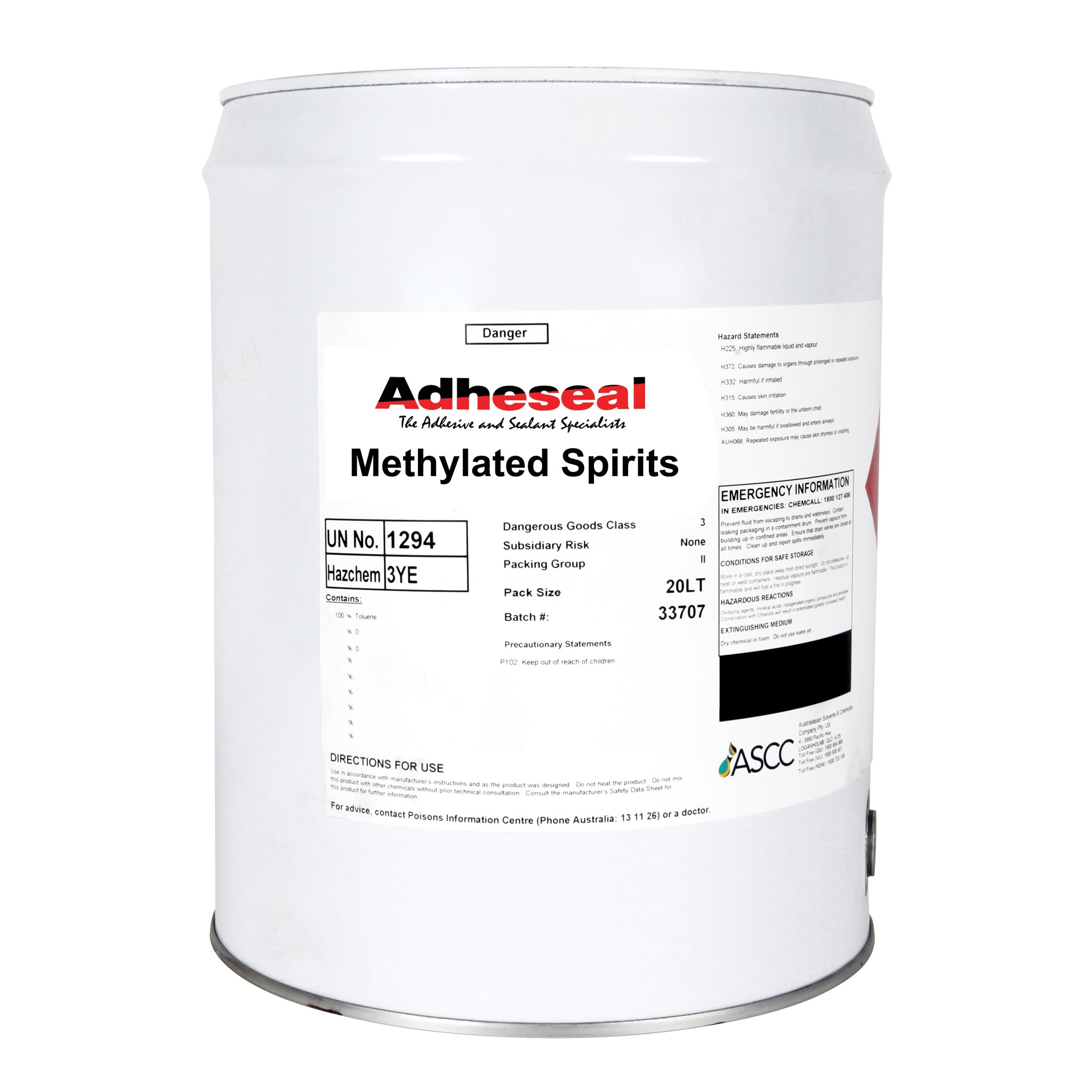 Adheseal Methylated Spirits 95% 20L drum: fast-evap solvent degreases surfaces, thins adhesives, preps substrates for seal...