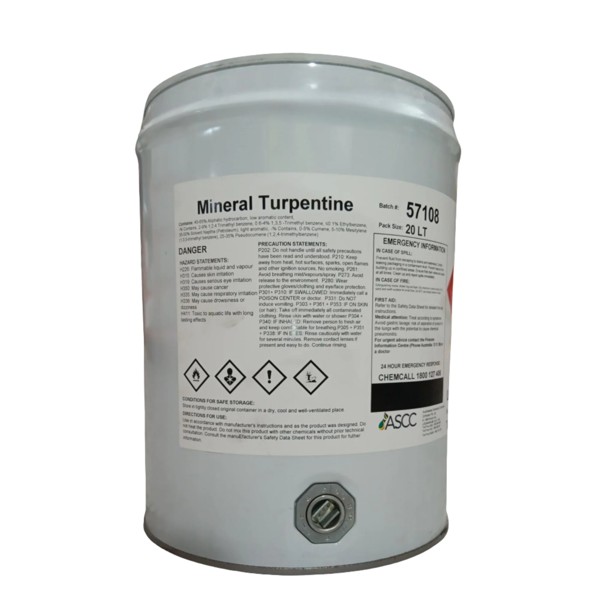 20L Adheseal Mineral Turpentine drum, solvent degreases tools, machinery in construction trades