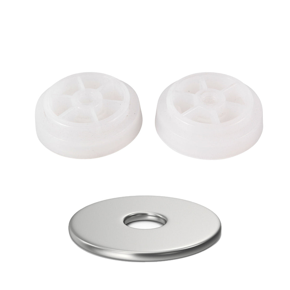 Two white plastic spoked plungers & stainless steel disc: Adheseal kit for efficient bulk sealant loading in Type 3/5 saus...
