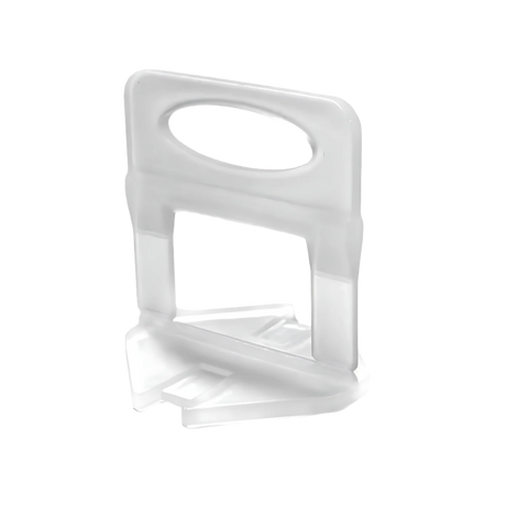 Panther 1.5mm base levelling clips (white plastic, oval grip, wedge base) align 3-12mm tiles over adhesive, prevent lippage.