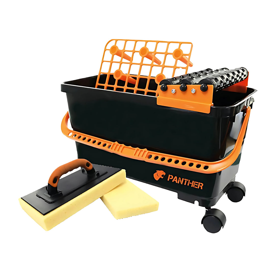 Panther Grout Clean Up System: 23L wheeled bucket with TRI-roller, grate, interchangeable grout sponges & float for effici...