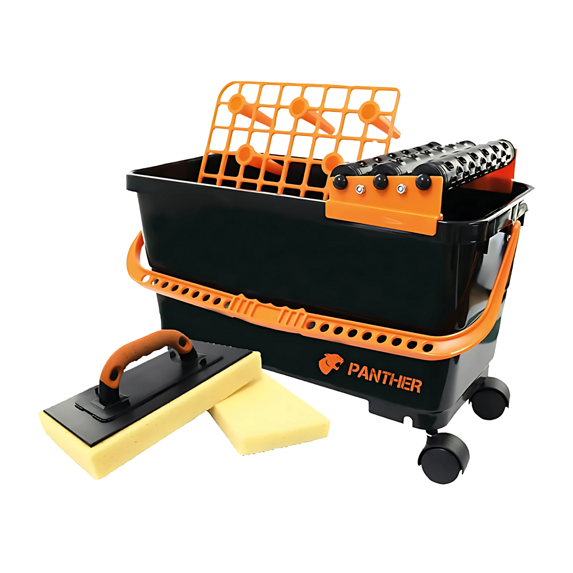 Panther Grout Clean Up System: 23L wheeled bucket with TRI-roller, grate, interchangeable grout sponges & float for effici...