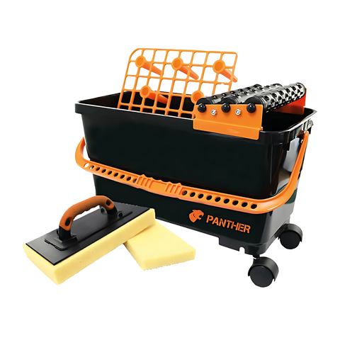 Panther Grout Clean Up System: 23L wheeled bucket with TRI-roller, grate, interchangeable grout sponges & float for effici...