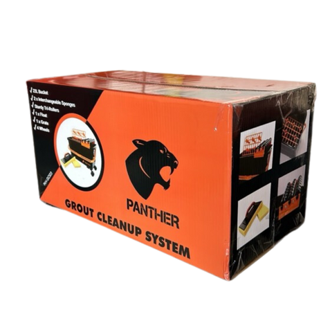 Panther Grout Cleanup System box: 23L wheeled bucket, TRI-roller, interchangeable grout sponges for efficient tile cleanup.