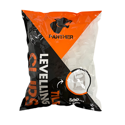 Panther 1.5mm levelling base clips (500 pack) in orange bag; aligns 3-12mm tiles, prevents lippage in adhesive beds.