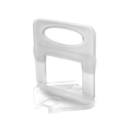 Panther 1.5mm base levelling clips (white plastic, oval grip, wedge base) align 3-12mm tiles over adhesive, prevent lippage.